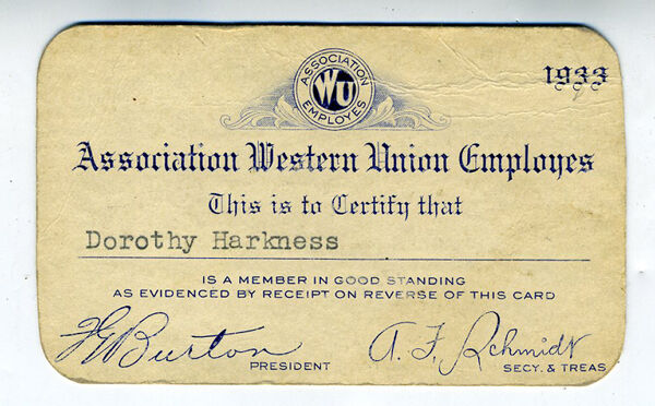 1933 Association of Western Union Employees Card for Dorothy Harkness