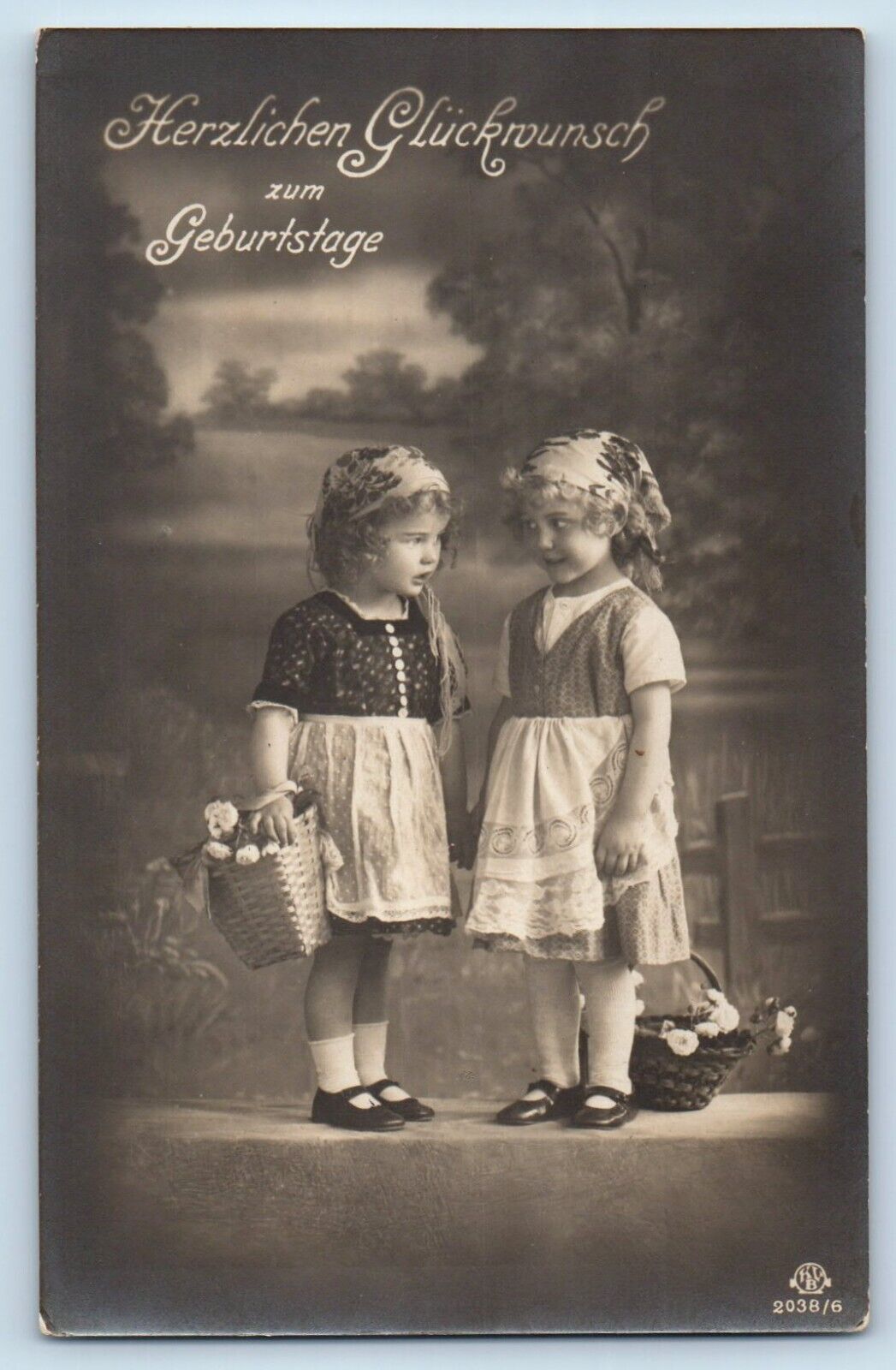 Germany Postcard RPPC Photo Birthday Little Girls With Flowers Basket c1910's