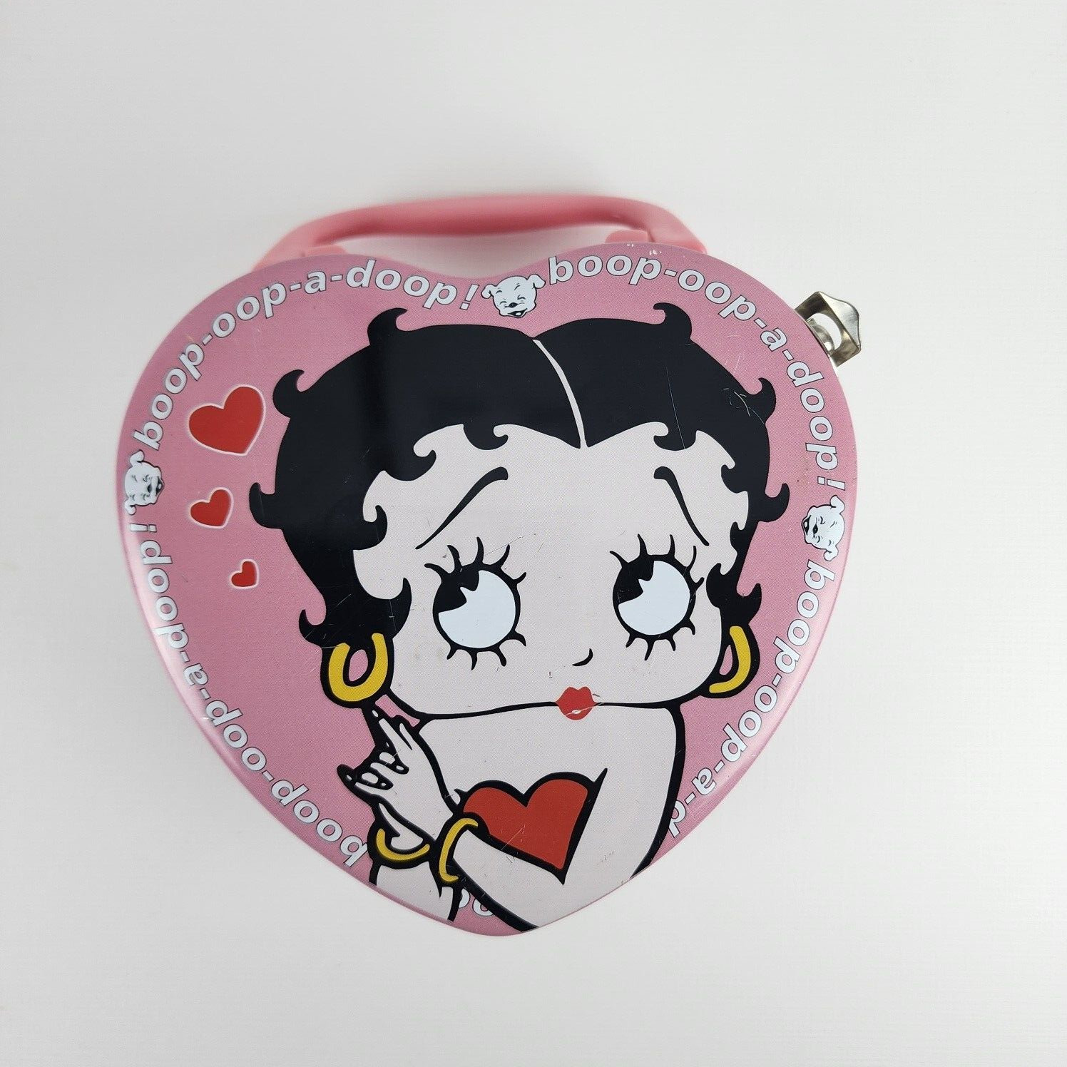 1999 Betty Boop Cute Pink Heart-Shaped Tin Storage Case with Handle