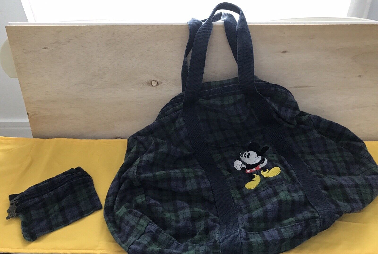 Disney Mickey Mouse Large Vintage Blue And Green Plaid Duffle Bag