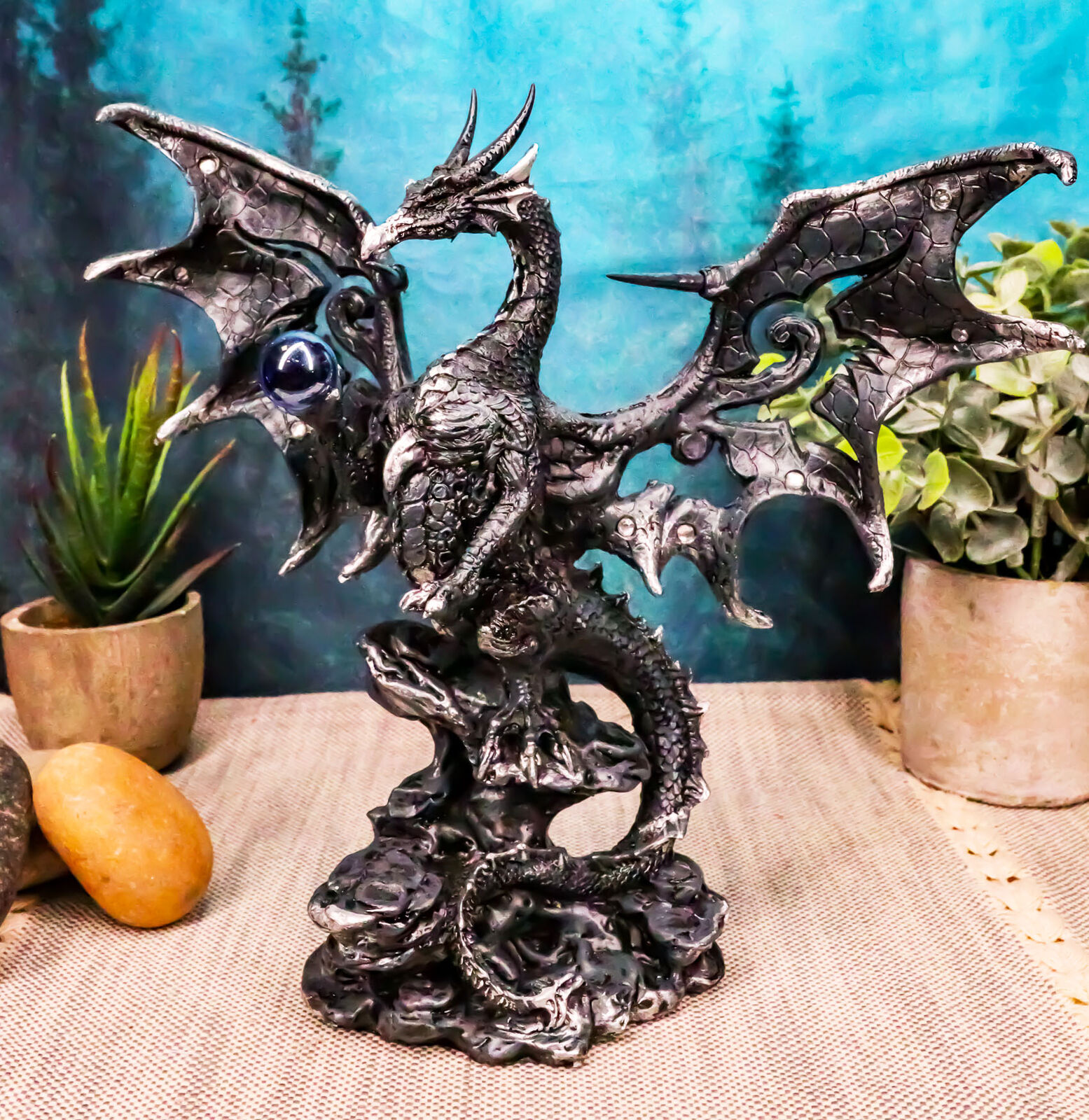 Draco Fantasy Gothic Dragon With Blue Orb Statue 8