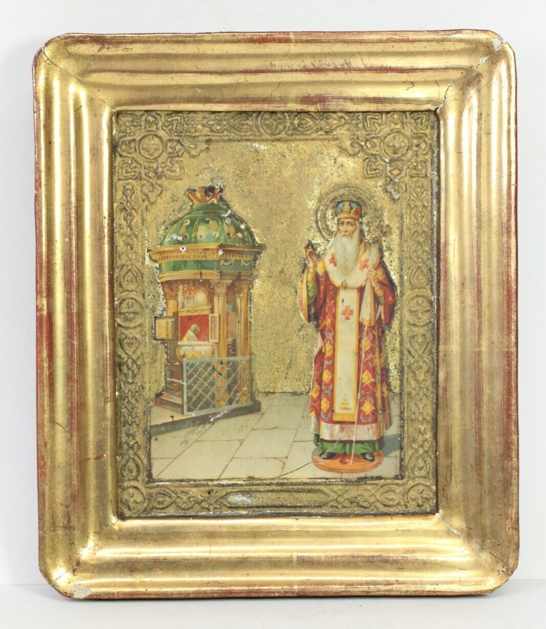 Antique 19c Russian Orthodox tin Lithograph Icon of Saint Athanasius the Great