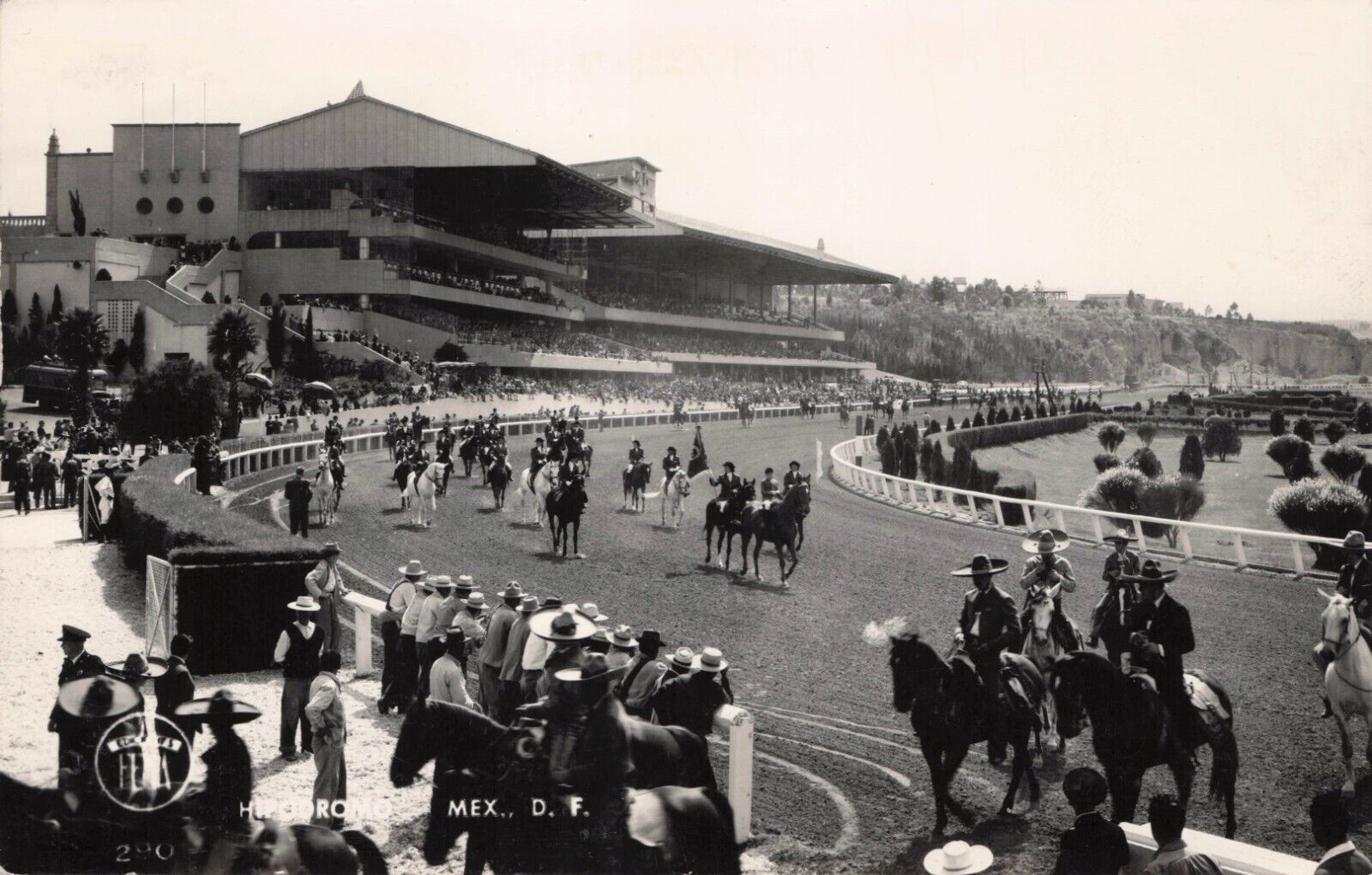 Mexico City Hippodromo Horse Racing Fiesta RPPC Real Photo Postcard c 1940s-50s