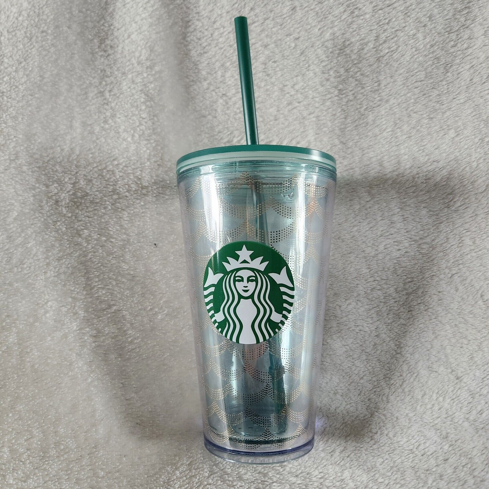 Starbucks Cold Beverage Tumbler 16 oz Aqua Acrylic Cup Gold Mermaid Scales 