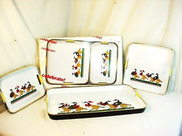 Vtg 3 pc Set Lacquer Serving Trays Handles Xmas Canadian Geese Japan w Box FrShp