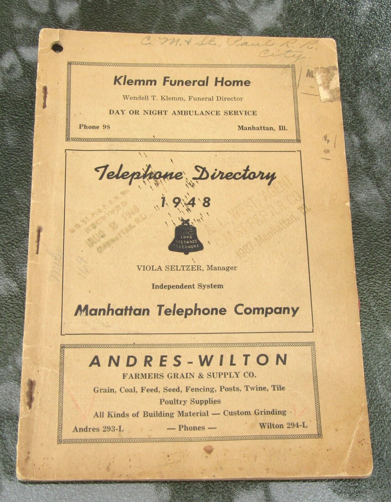 1948 Manhattan Telephone Company Manhattan Illinois Telephone Directory Joliet