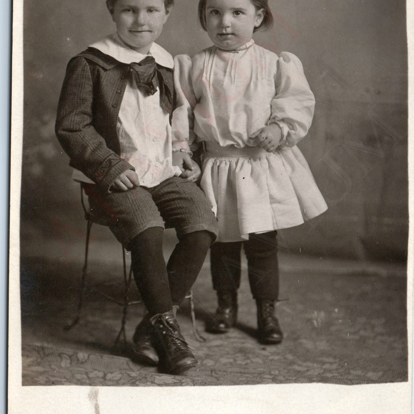c1910s Cute Young Children RPPC Boy Girl Smirk Portrait Holding Hands Photo A192