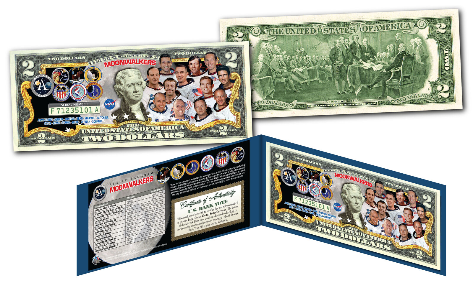 MOONWALKERS 12 Astronauts To Ever Walk On Moon Apollo NASA Official U.S. $2 Bill