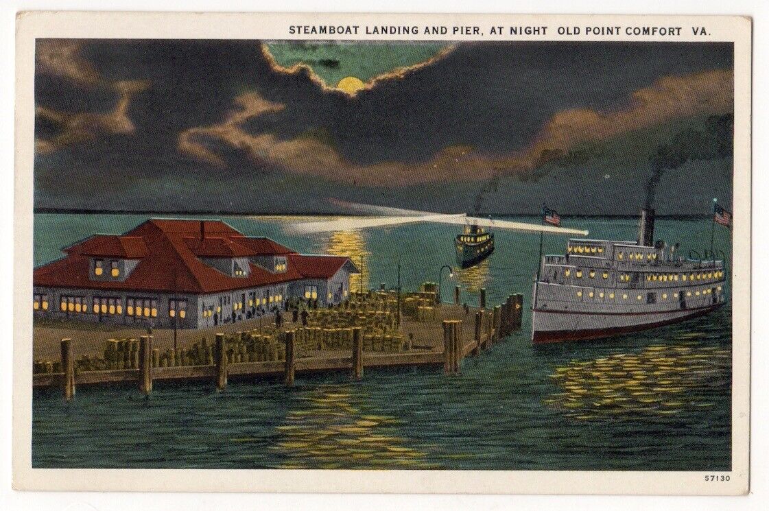 Old Point Comfort Virginia c1920\'s Steamboat Landing and Pier, Night view