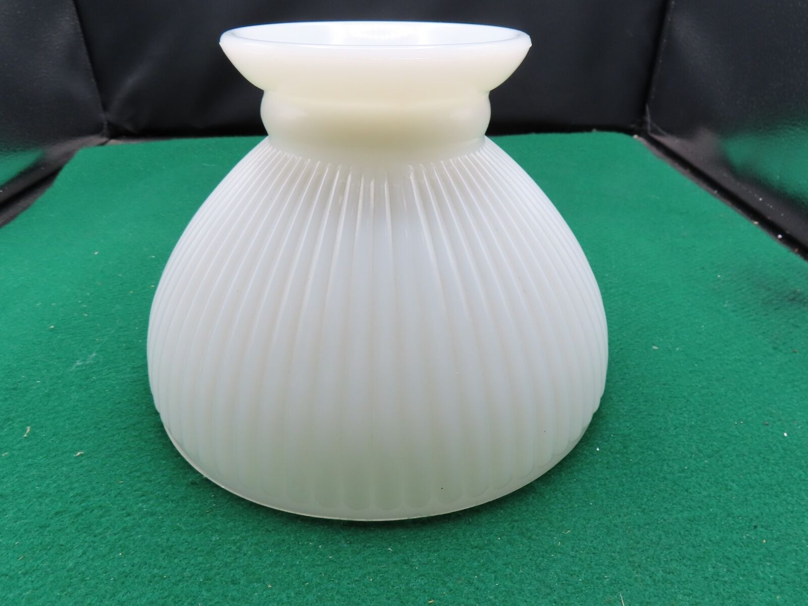 VINTAGE HEAVY RIBBED WHITE MILK GLASS LAMP SHADE 8” DIA.