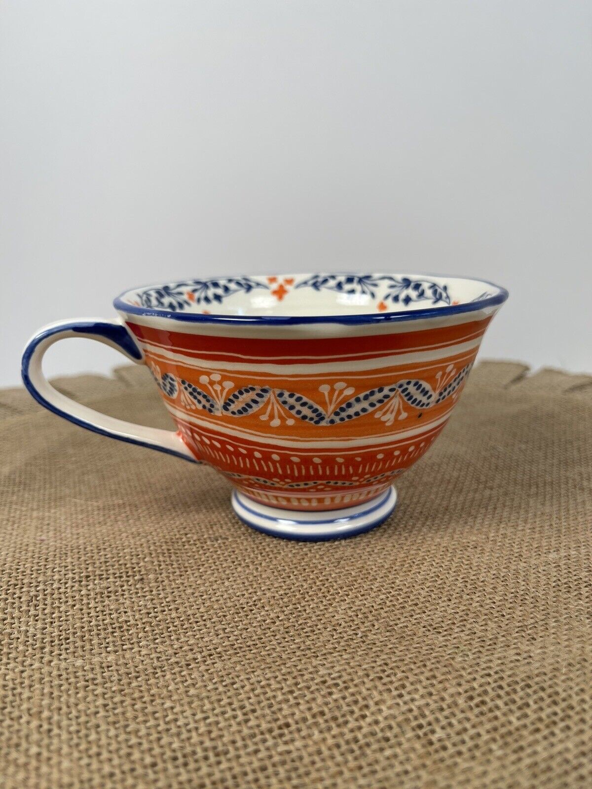 Anthropologie Gather Round MUG Coffee Tea Cup Mug Blue Red Orange Doodle Floral