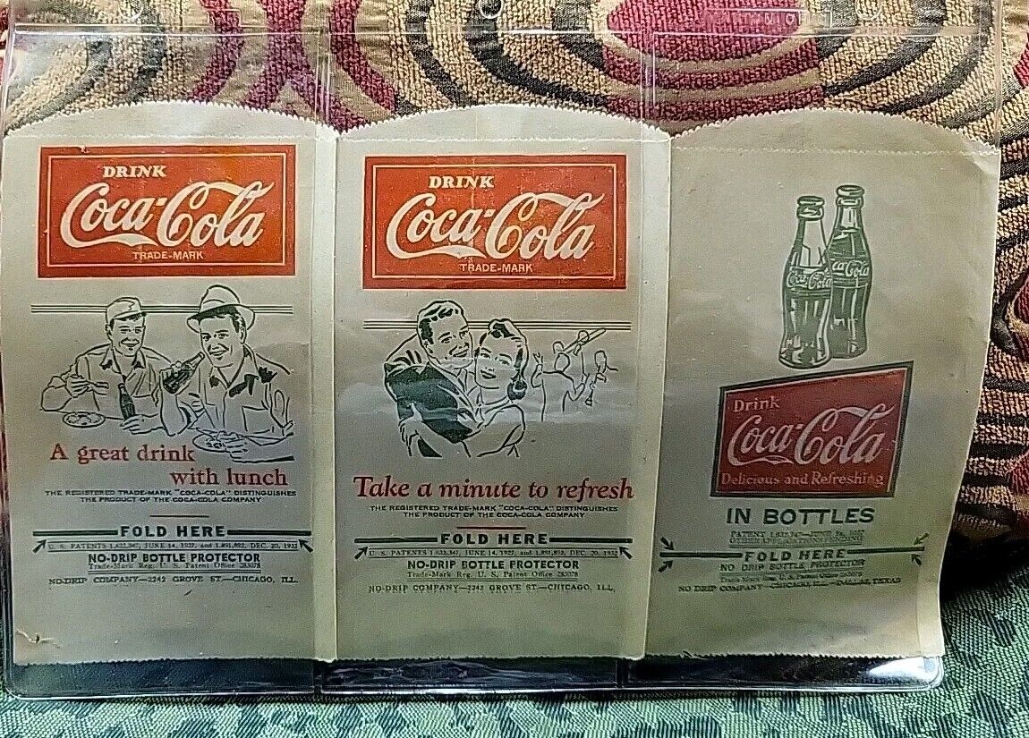 QTy 3  Coca-Cola Un-Used No-Drip Bottle Bags Protector 1927-1932
