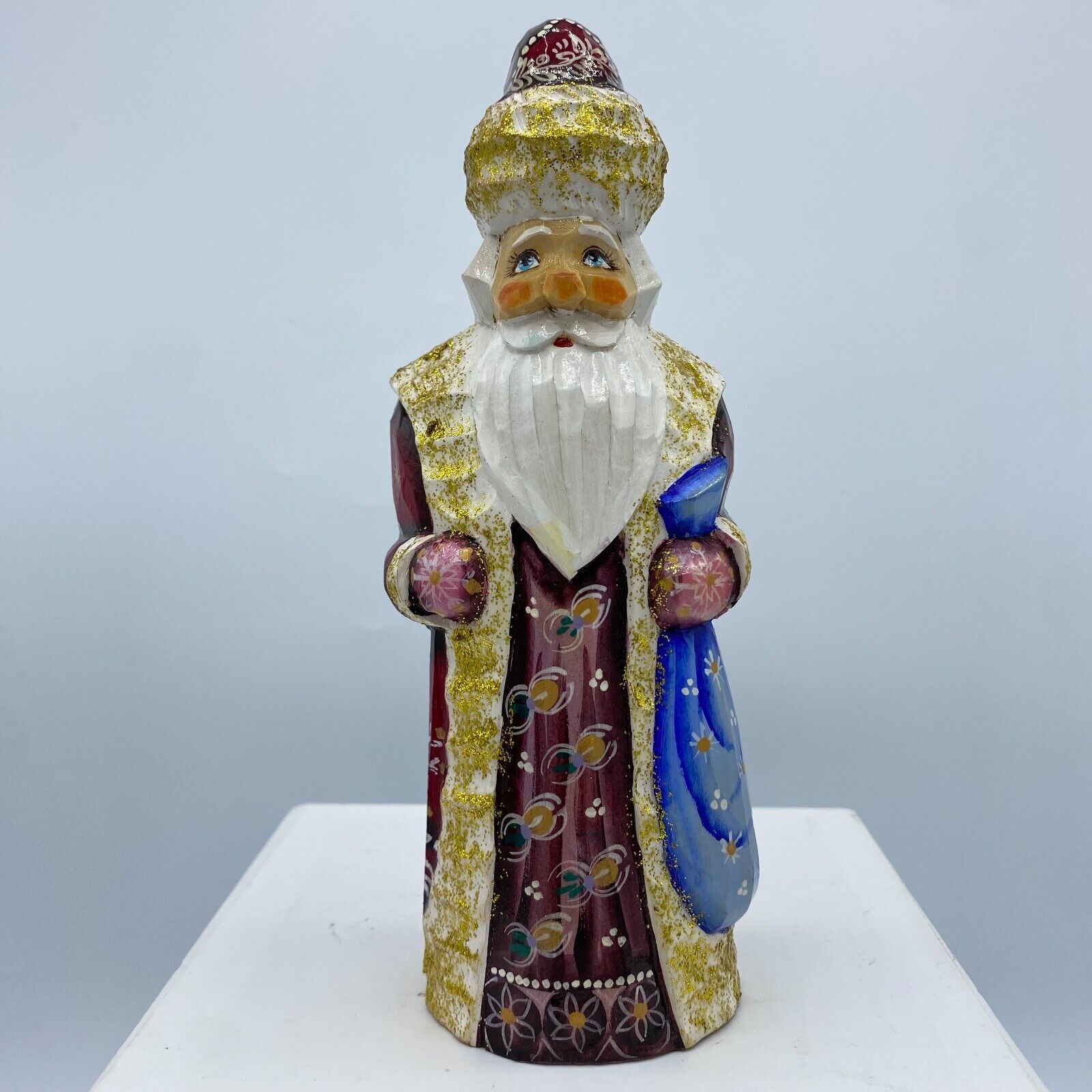 Beautiful Hand Carved Wooden 7” Tall Santa Claus Russian Figurine Signed – Nice