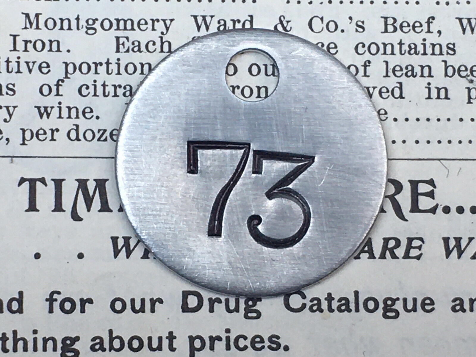 Number 73 Tag Aluminum Metal Numbered Keychain Stamped Token Fob Mining Check