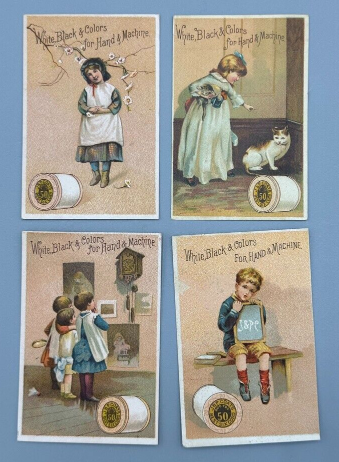 1880s CAT Clock SCHOOL Sewing J&P COATS THREAD Victorian Advertising Trade Card