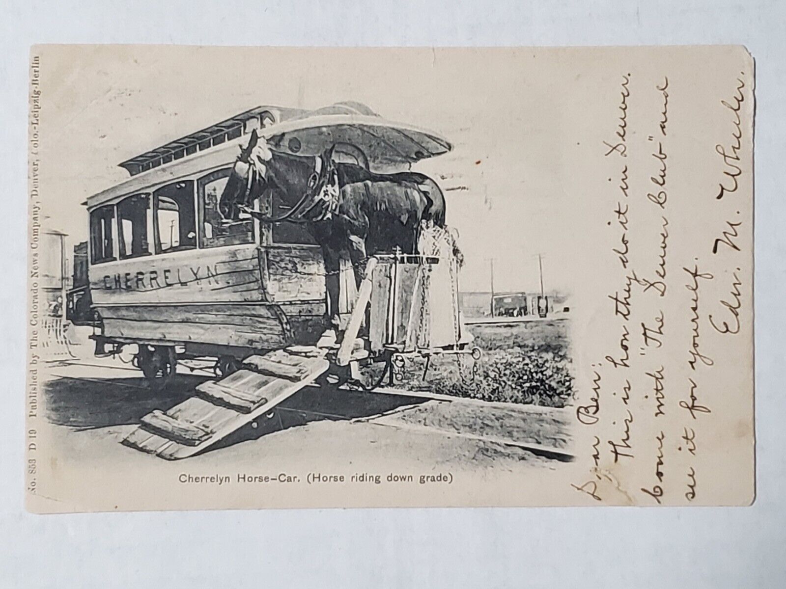 Cherrelyn Horse-Car. Riding Down Grade Postcard 1905