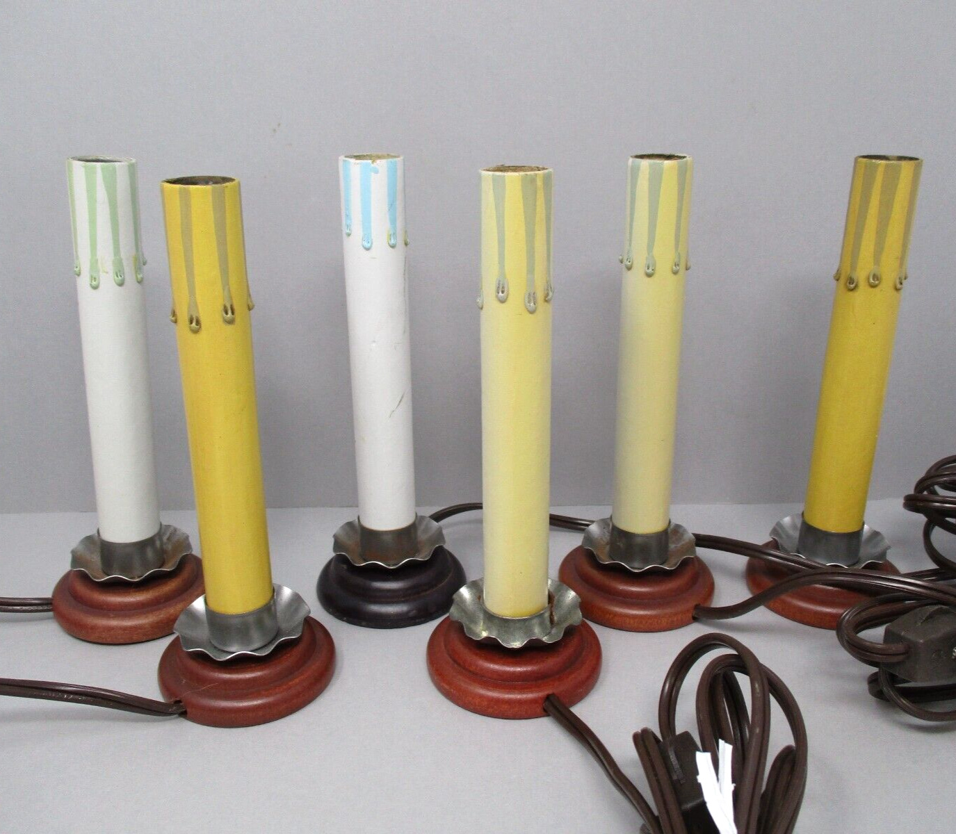 Vintage Christmas Candlestick Lights Lamp Lot Set of 6 Wood Base Electric