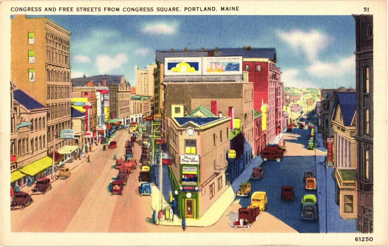 Congress Square and Free Street Portland Maine Aerial View Linen Postcard 1930s
