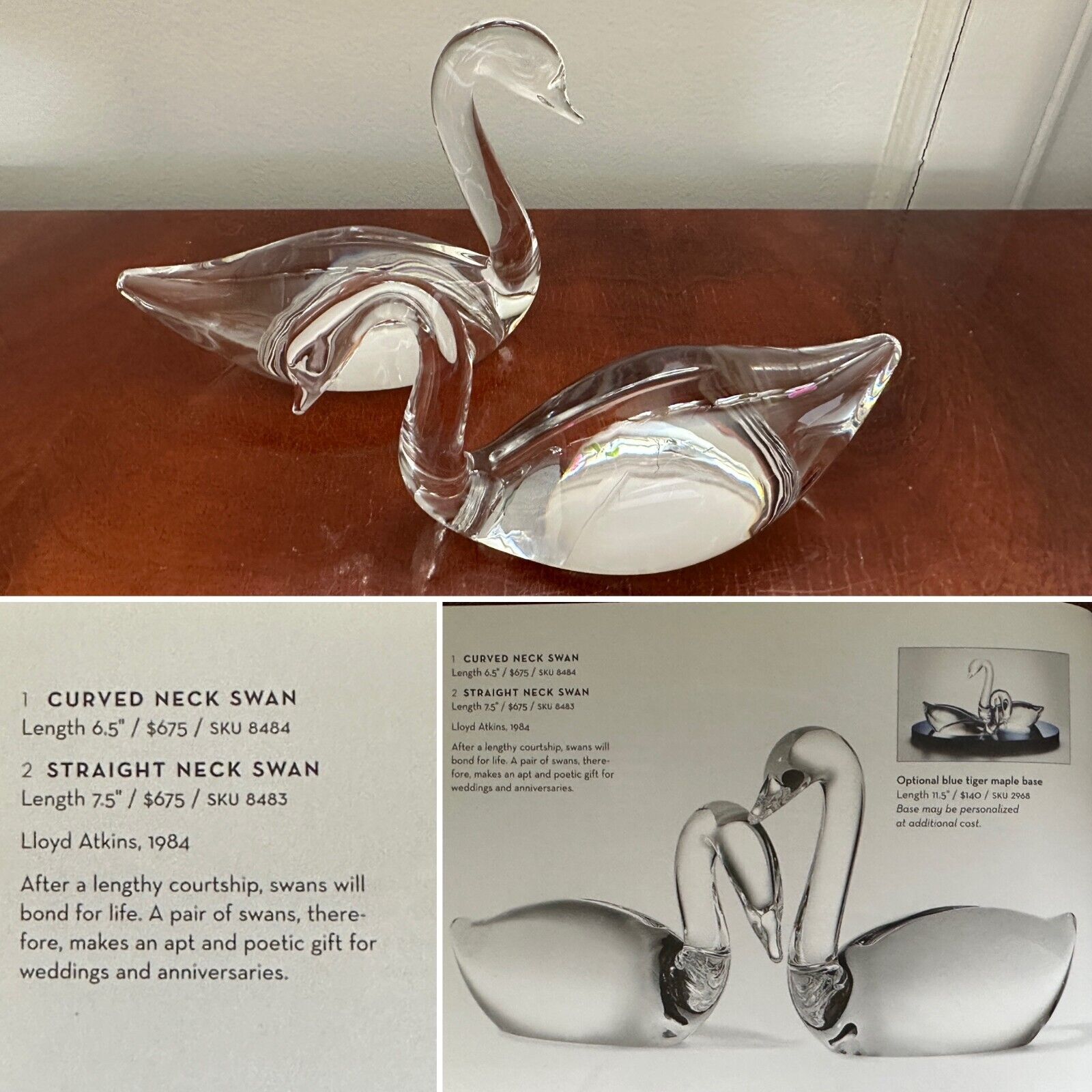 Vintage $1350 STEUBEN GLASS #8483/8484 Pair Curved/Straight Neck Swan Figurines