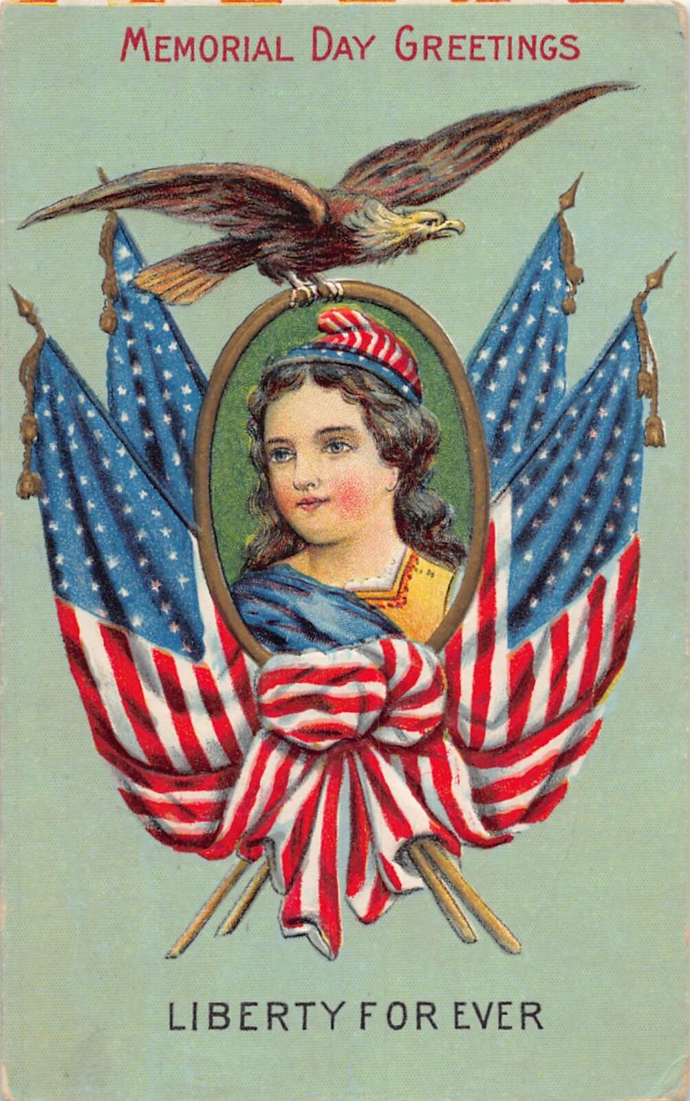 J74/ Patriotic Postcard c1910 Memorial Day Greetings Lady Liberty Eagle 151