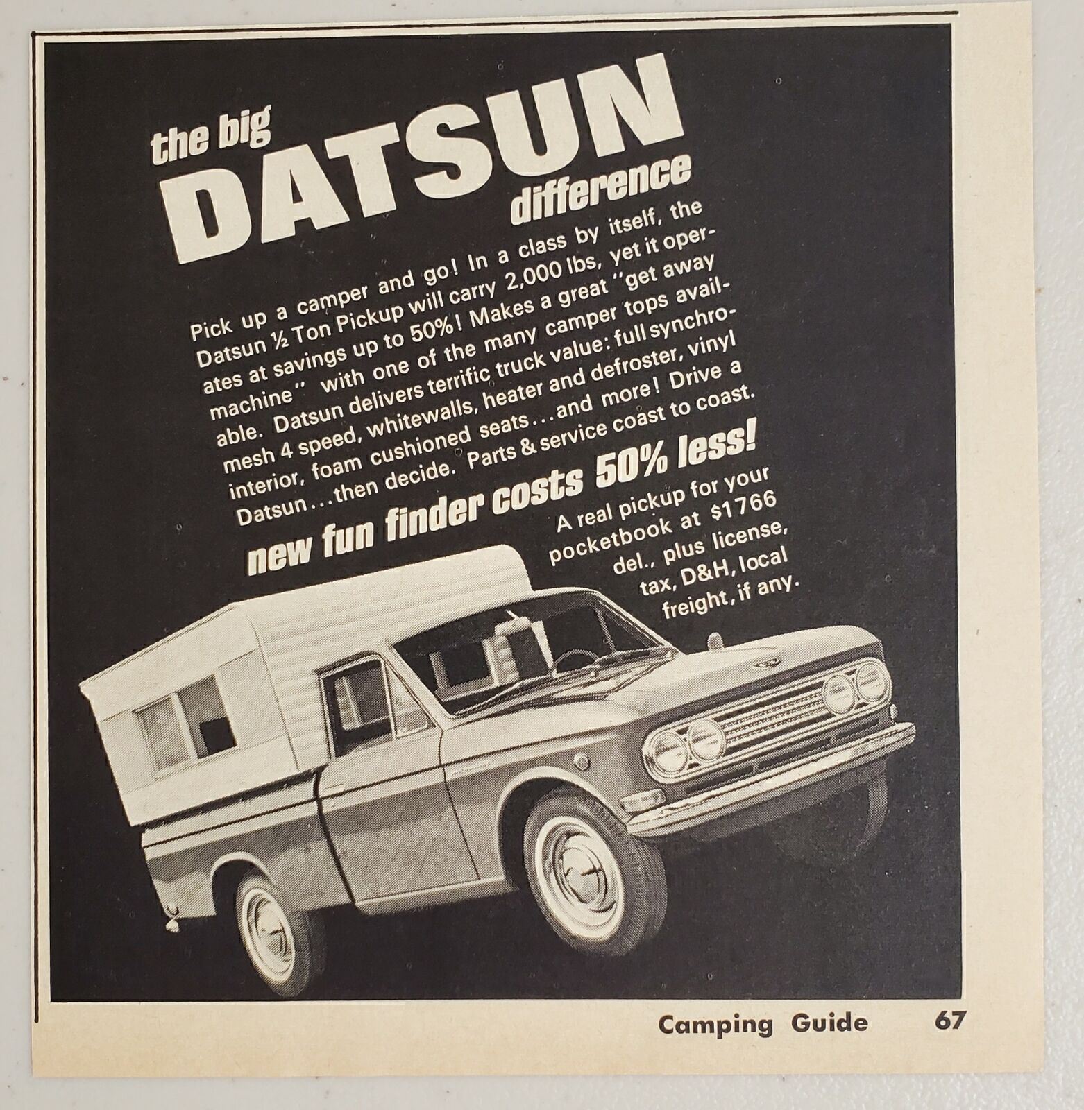 1968 Print Ad Datsun 1/2 Ton Pickup Truck with Camper Top 