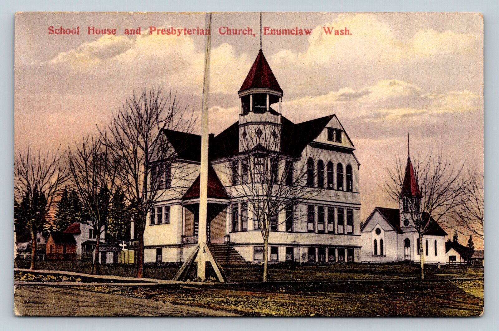 Enumclaw Washington WA School House & Presbyterian Church ANTIQUE Postcard