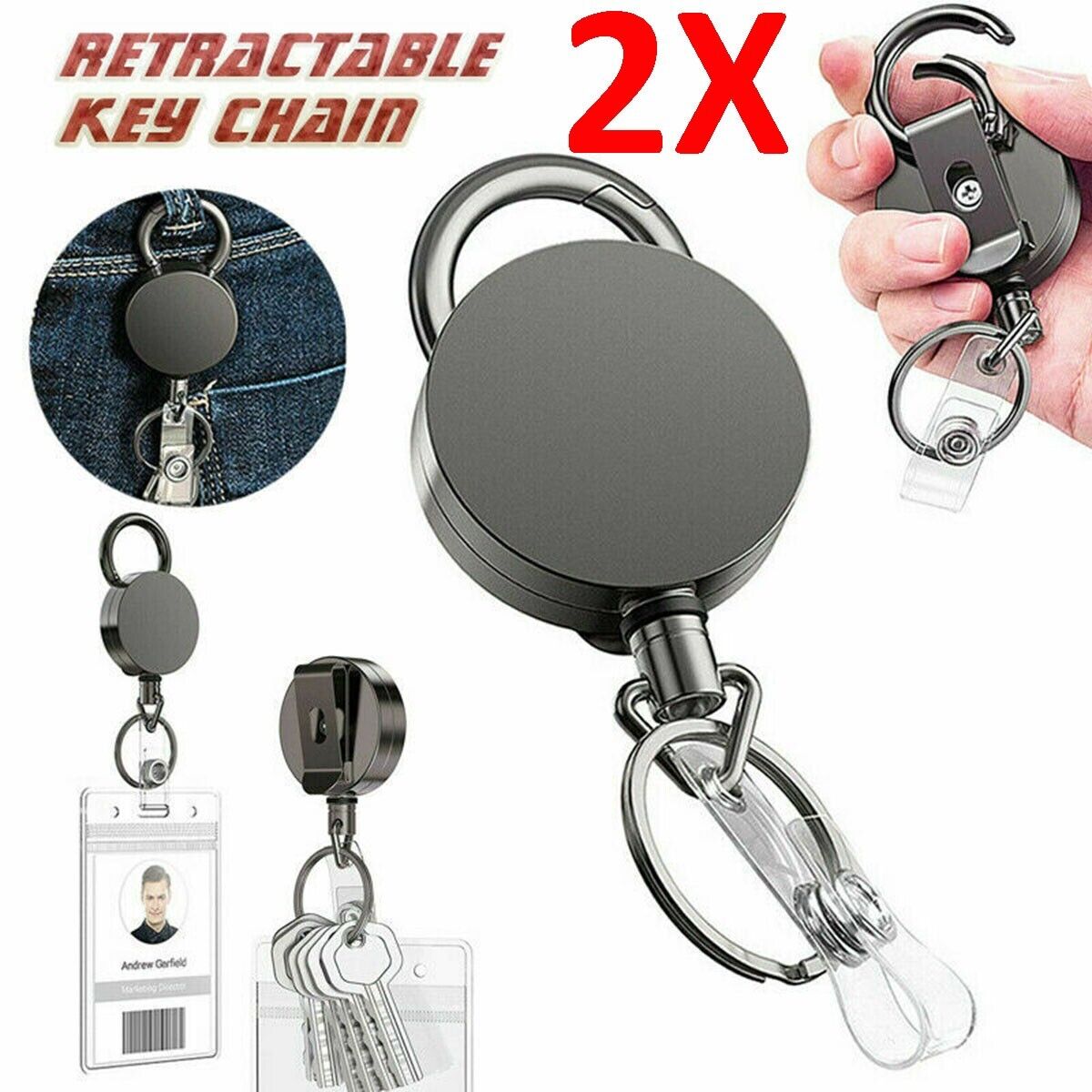 2pcs Retractable Heavy Duty Pull Ring Key Chain Recoil Keyring Wire Rope Holder