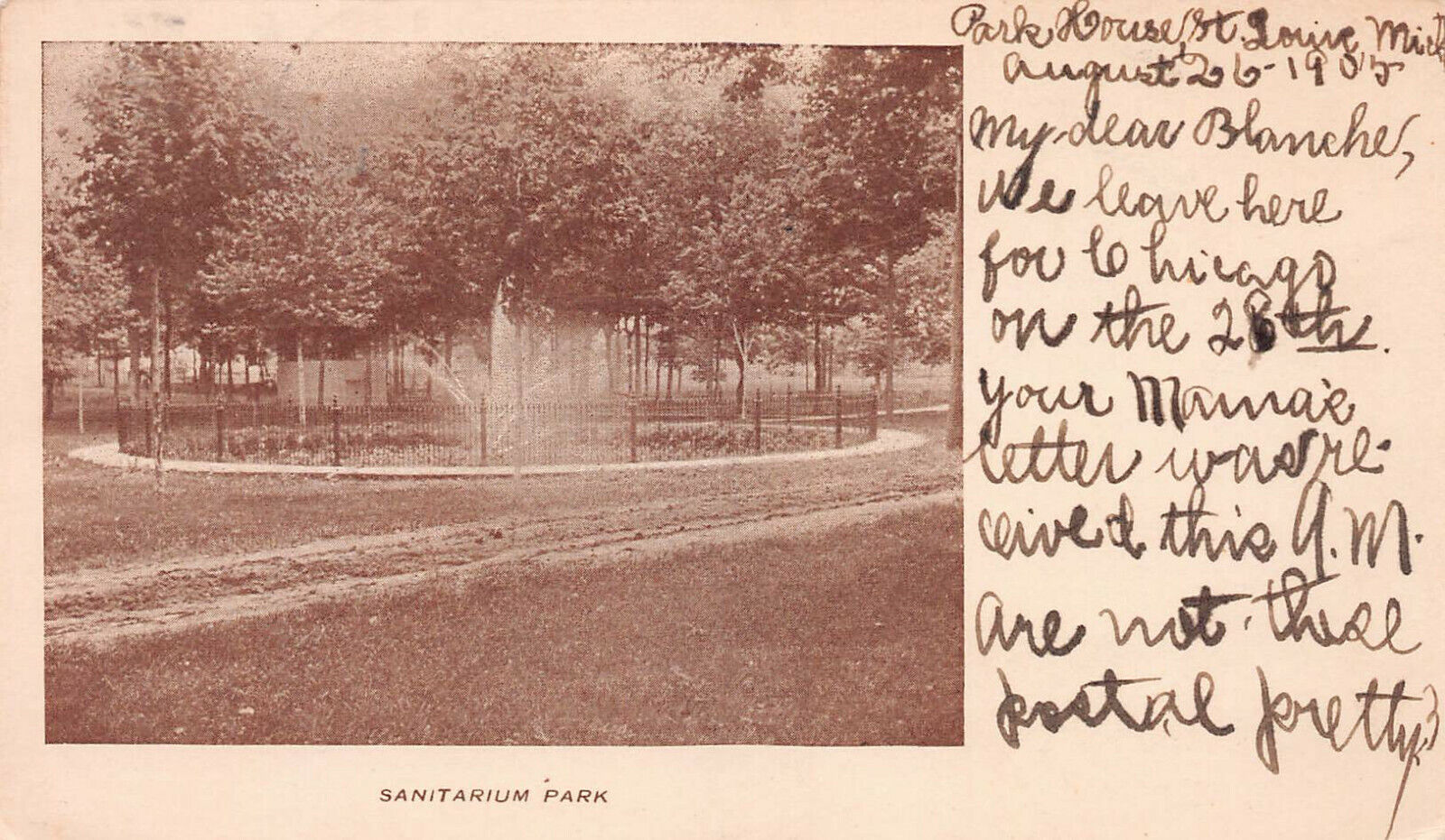 Sanitarium Park, St. Louis, Michigan, early postcard, used in 1905