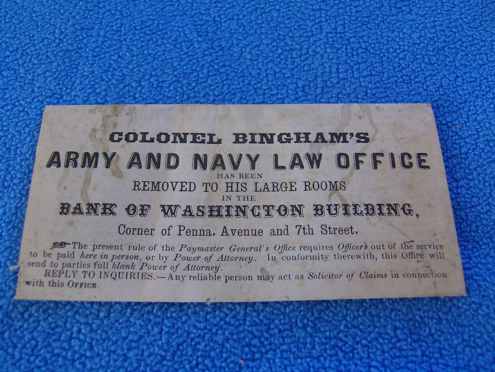 1865 COLONEL LA FAYETTE BINGHAM\'S ARMY AND NAVY LAW OFFICE HANDOUT CIVIL WAR