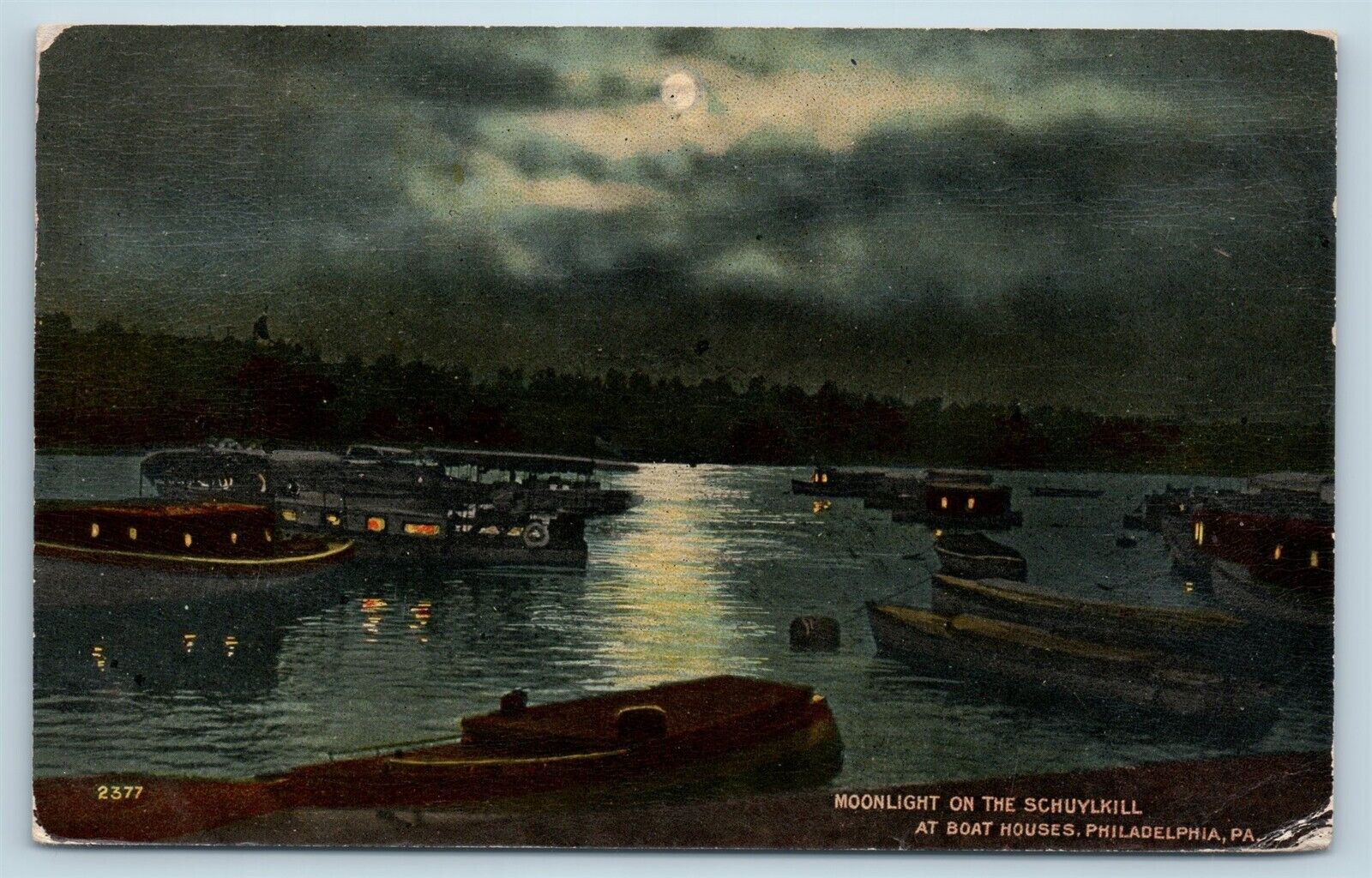 Postcard PA Philadelphia Moonlight on Schuylkill River at Boat Houses 1915 J20