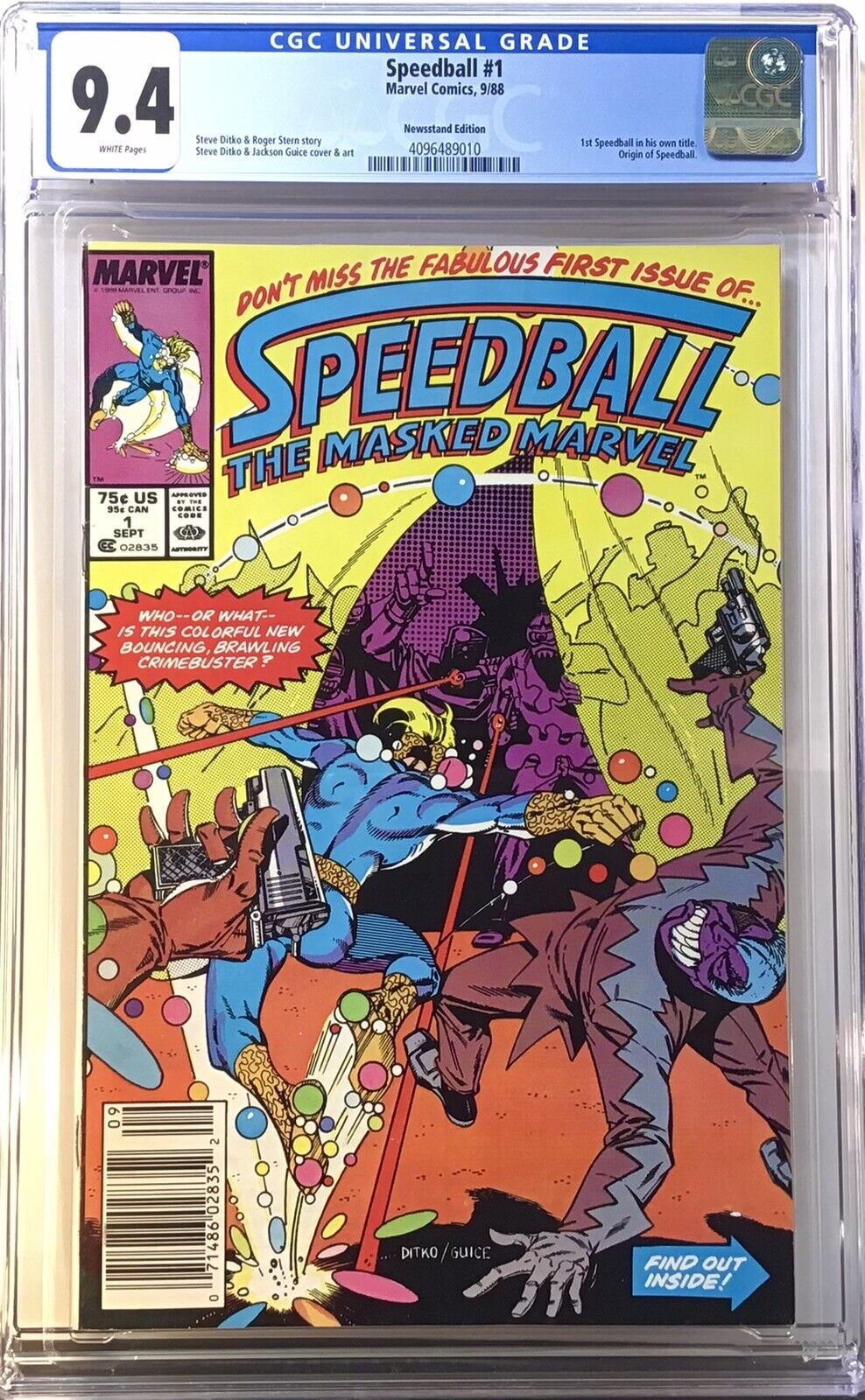 Speedball #1 cgc 9.4 ( 1988 ) Newsstand Edition  Origin of Speedball 