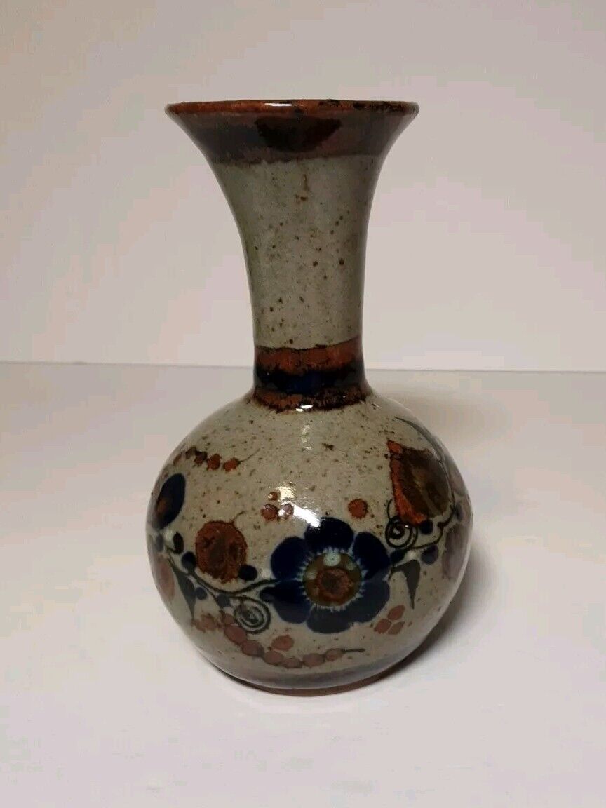 Vintage Tonala Folk Art Mexican Pottery Vase 6 Inch Handcrafted