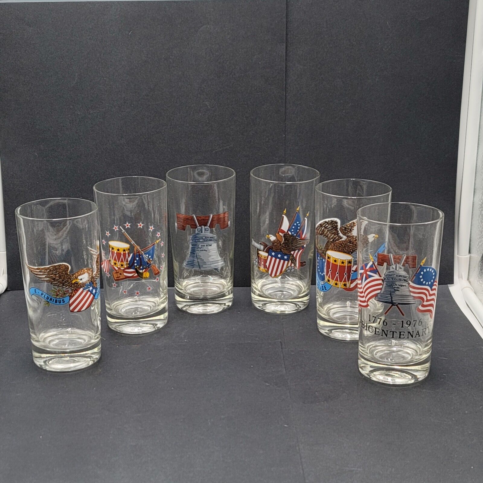 Set of 6 Vintage Bicentennial Drinking Glasses w/ Original Box Color Craft