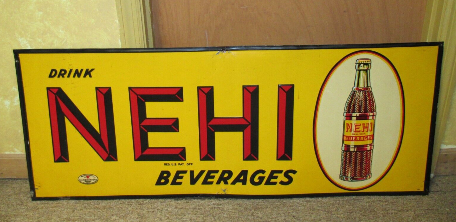 Vintage NEHI BEVERAGES Embossed Soda Tin Sign Not Porcelain ~ RARE LG SIZE~LQQK