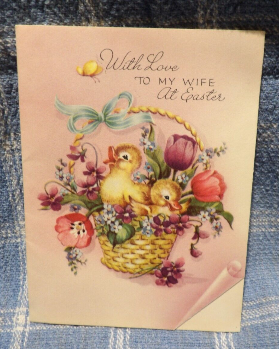 Vintage 1957 Gibson Easter Card Cute Little Ducklings in Tulip & Pansy Basket