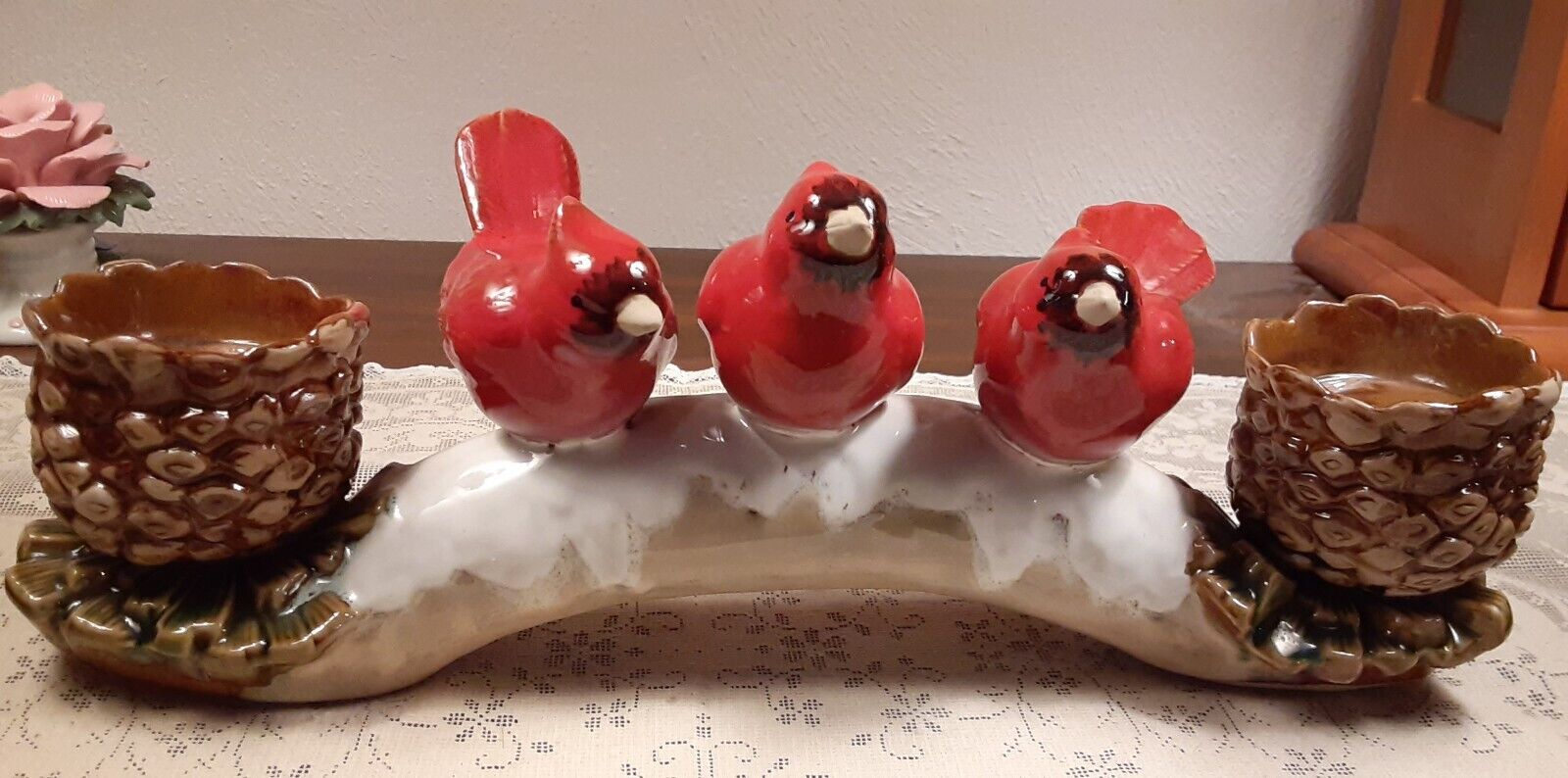 Rare TII Collections 3 Cardinals on Branch w Pine Cones Candle Holder