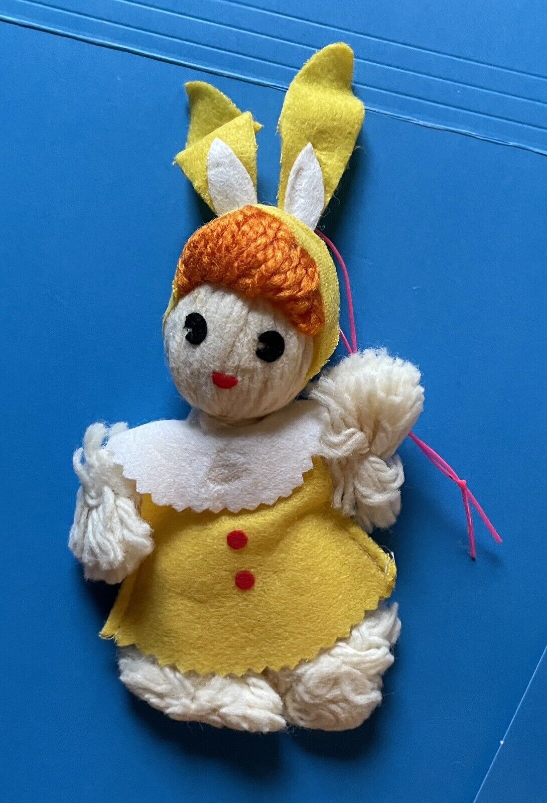 Vintage Kitschy Easter Bunny Rabbit Felt and Yarn Ornament Decoration 7”
