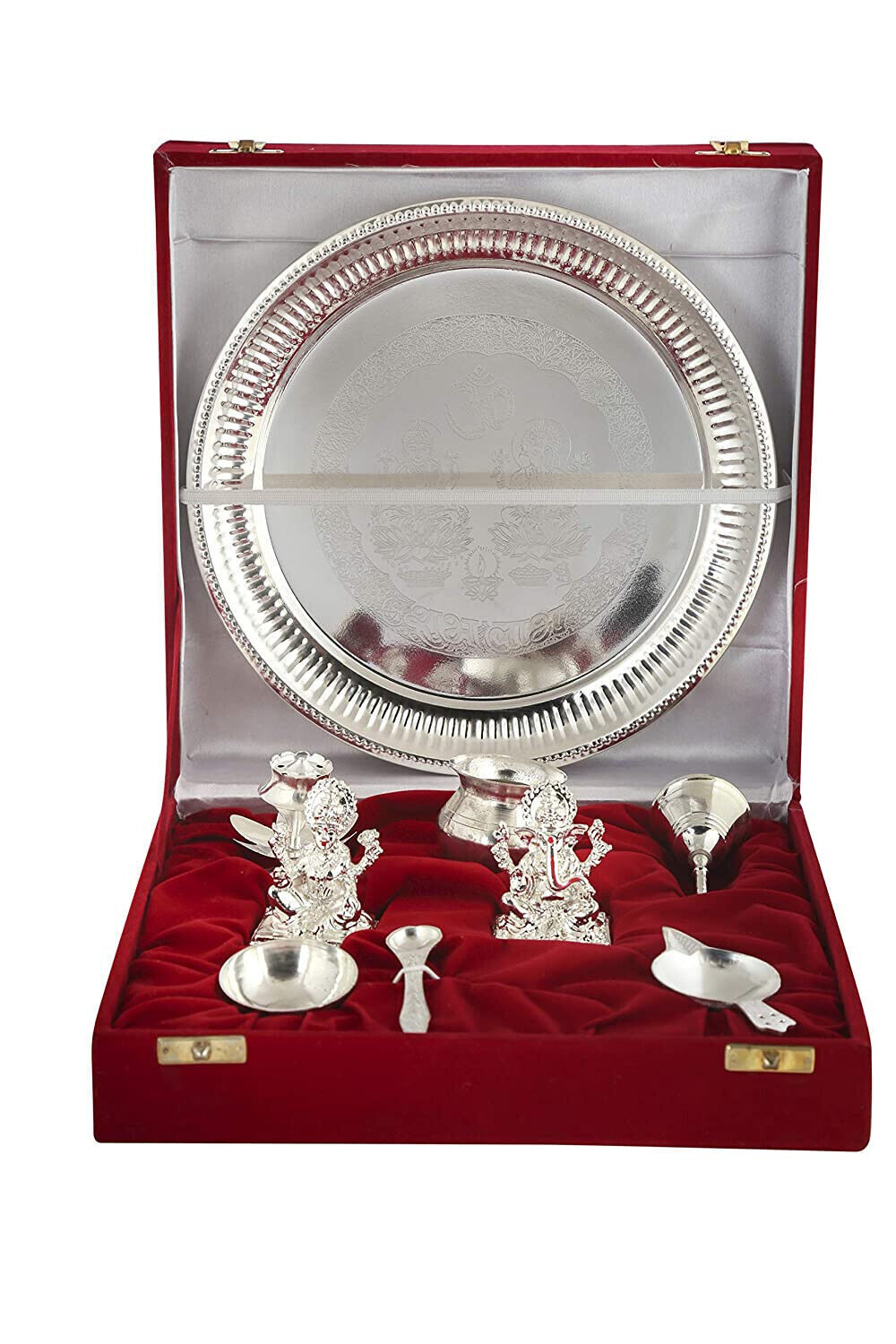 Silver Pooja Thali with Laxmi Ganesh Murti For Diwali Puja Set of 9