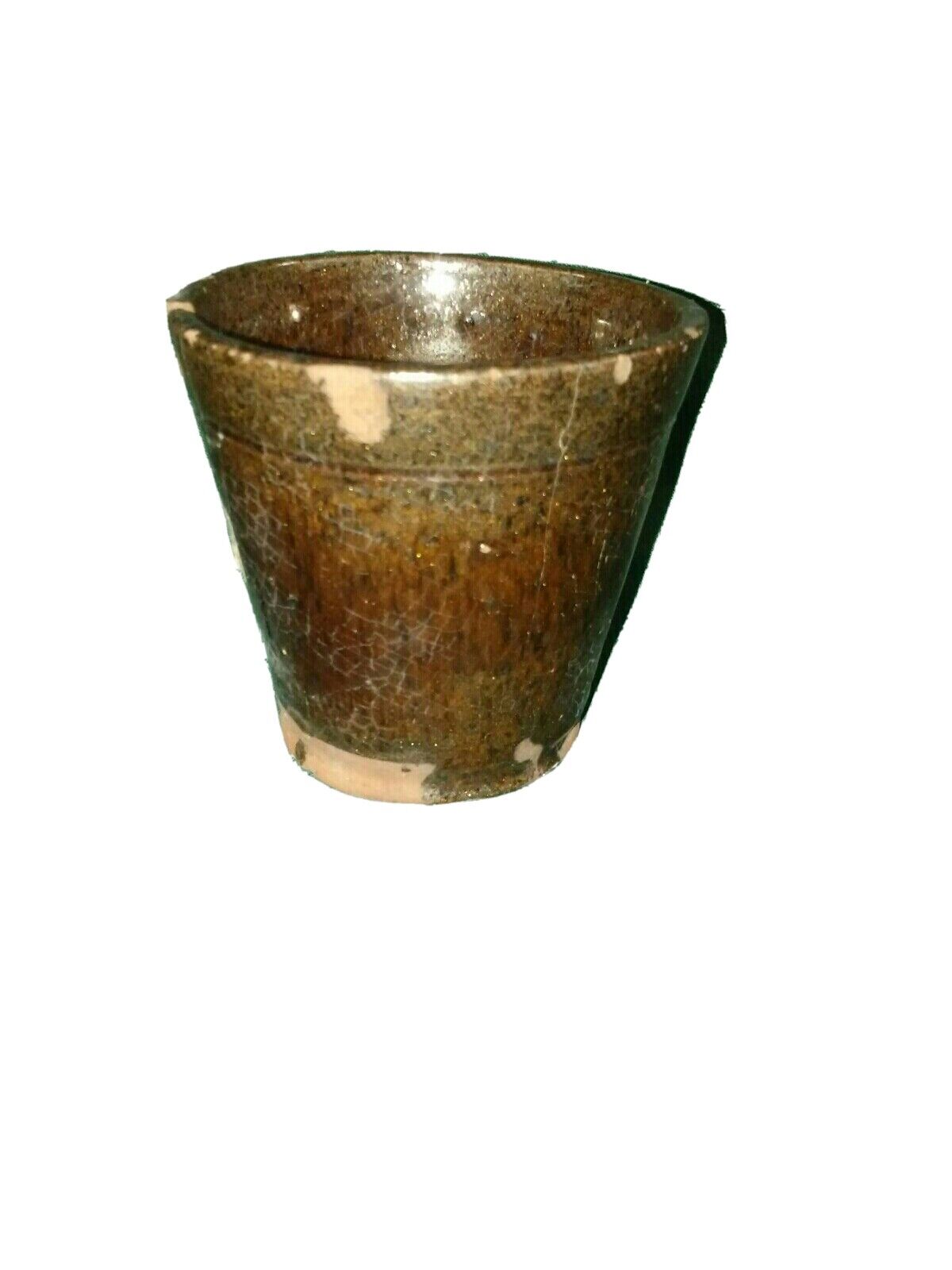 Antique Primitive Redware Ale Drinking Cup Iridescent Glaze