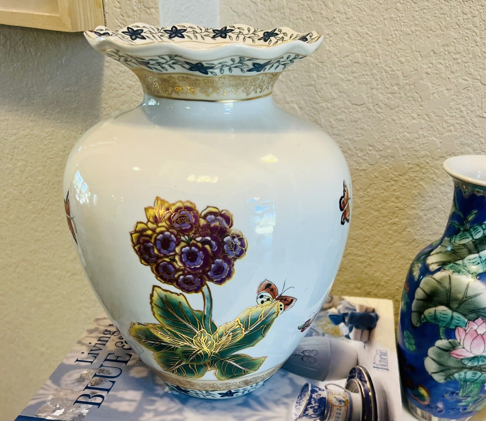 Vintage Chinese Chinoiserie Vase, Butterflies And Scallop Top, 10.5”