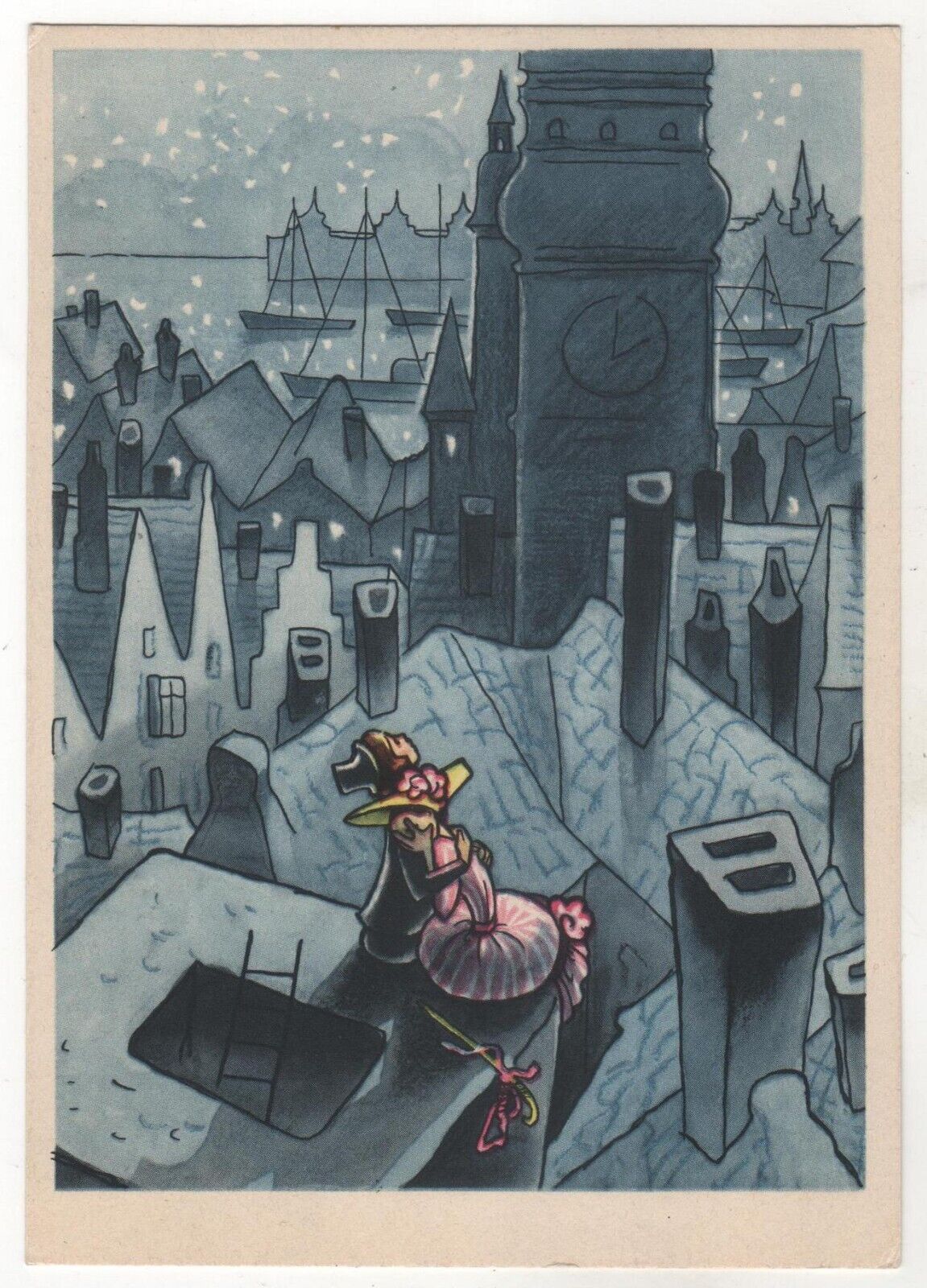 1963 Fairy Tale Andersen Cowgirl Chimney sweep on the roof Soviet POSTCARD Old