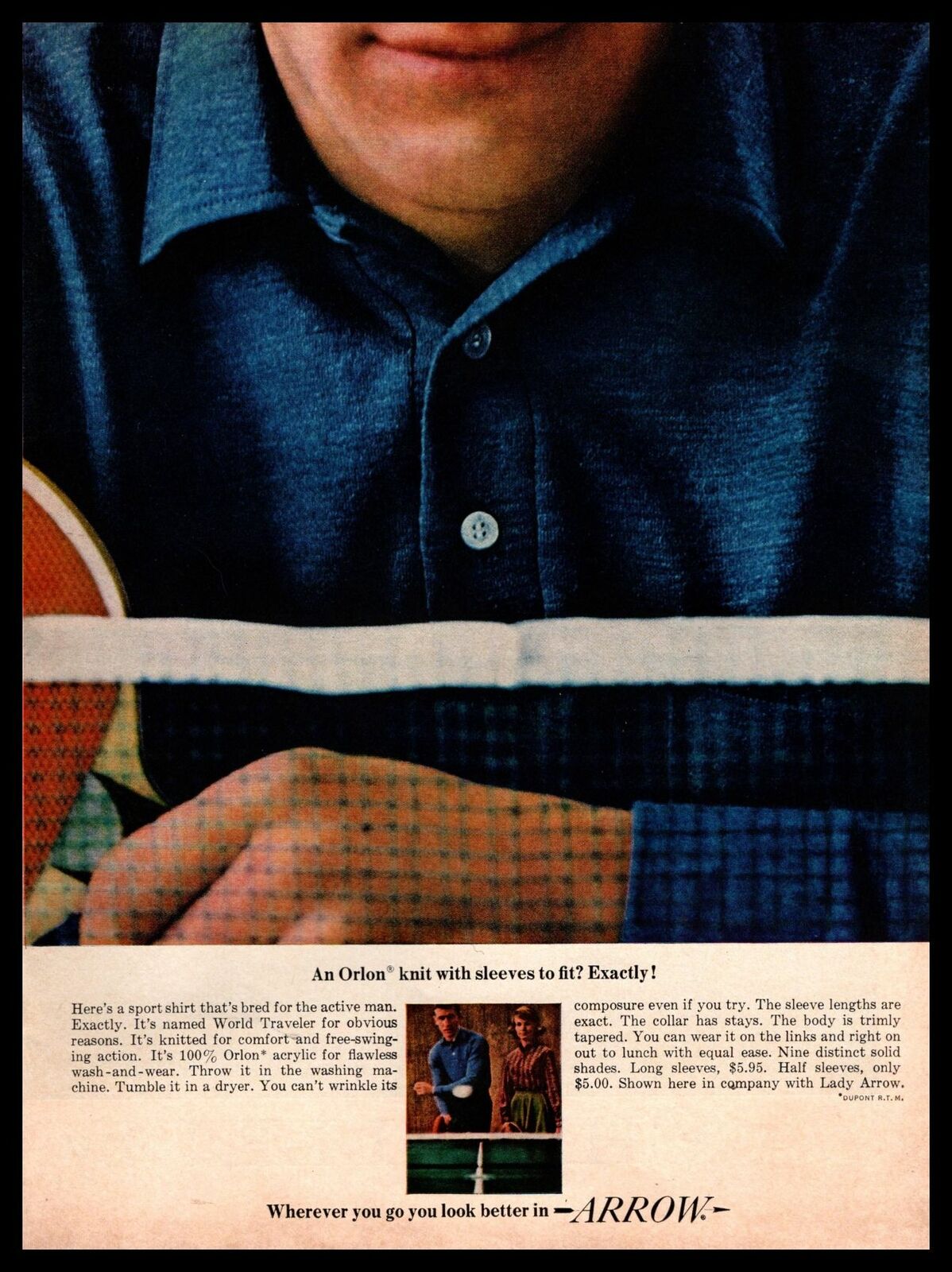 1963 Arrow World Traveler Orlon Shirt Ping Pong Table Tennis Vintage Print Ad