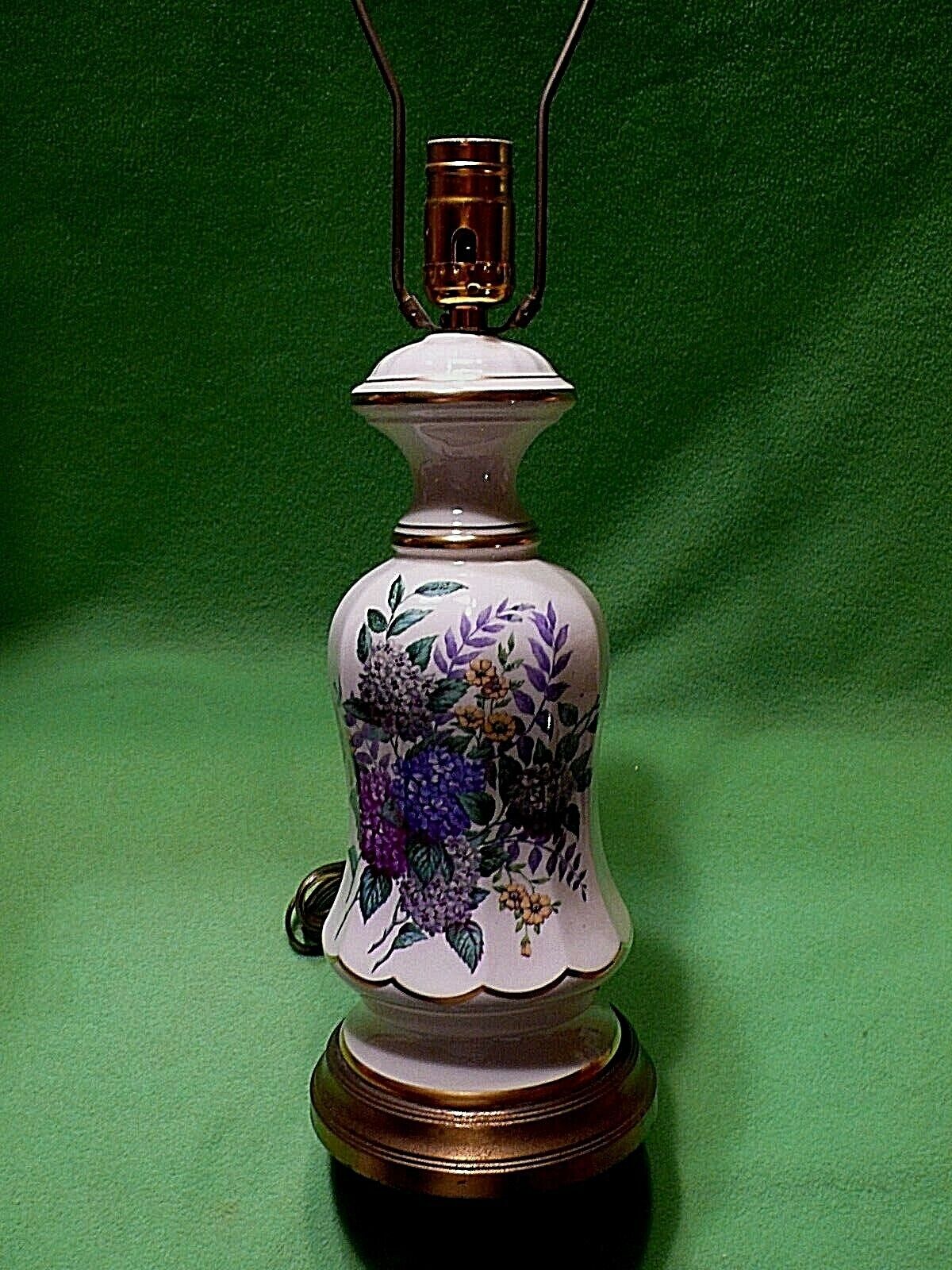 Vintage porcelain & brass table lamp with gorgeous pom & other flowers. Updated