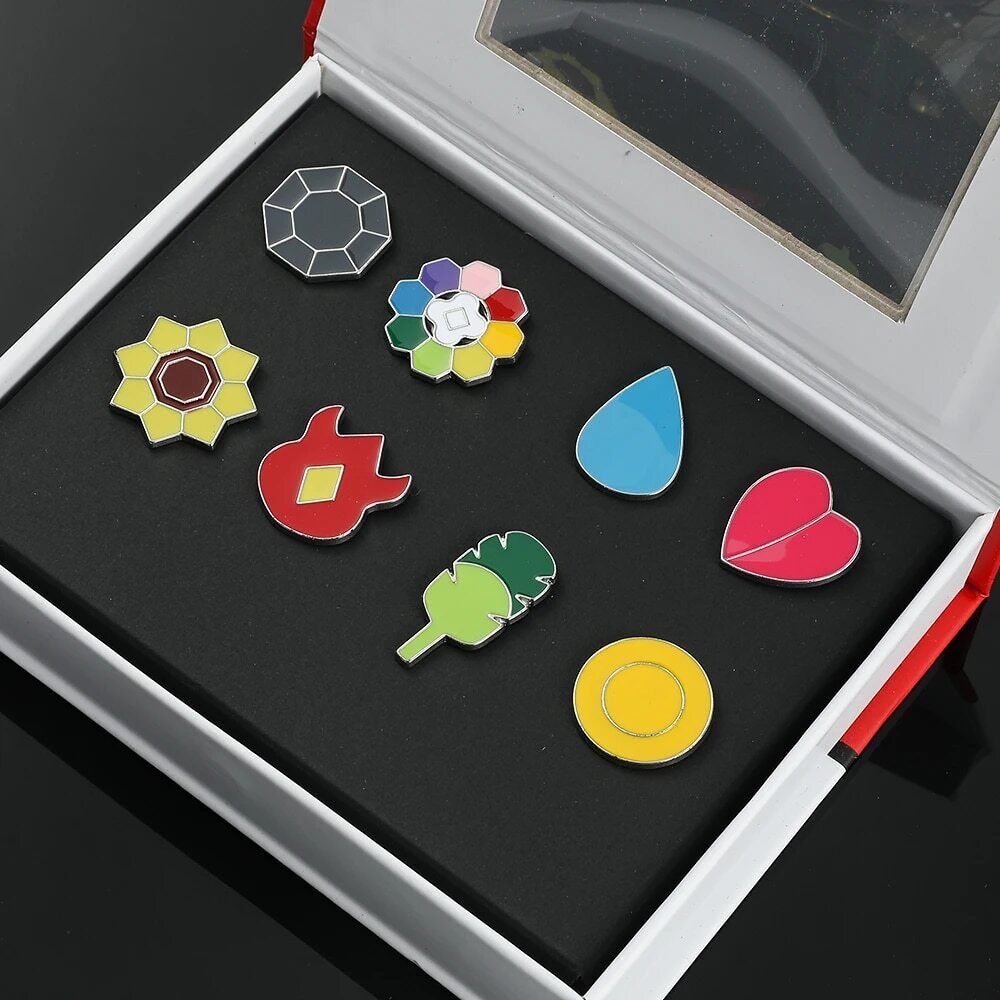 Pokemon Cosplay League Gym Badges Set 8Pcs Metal Pins In Box