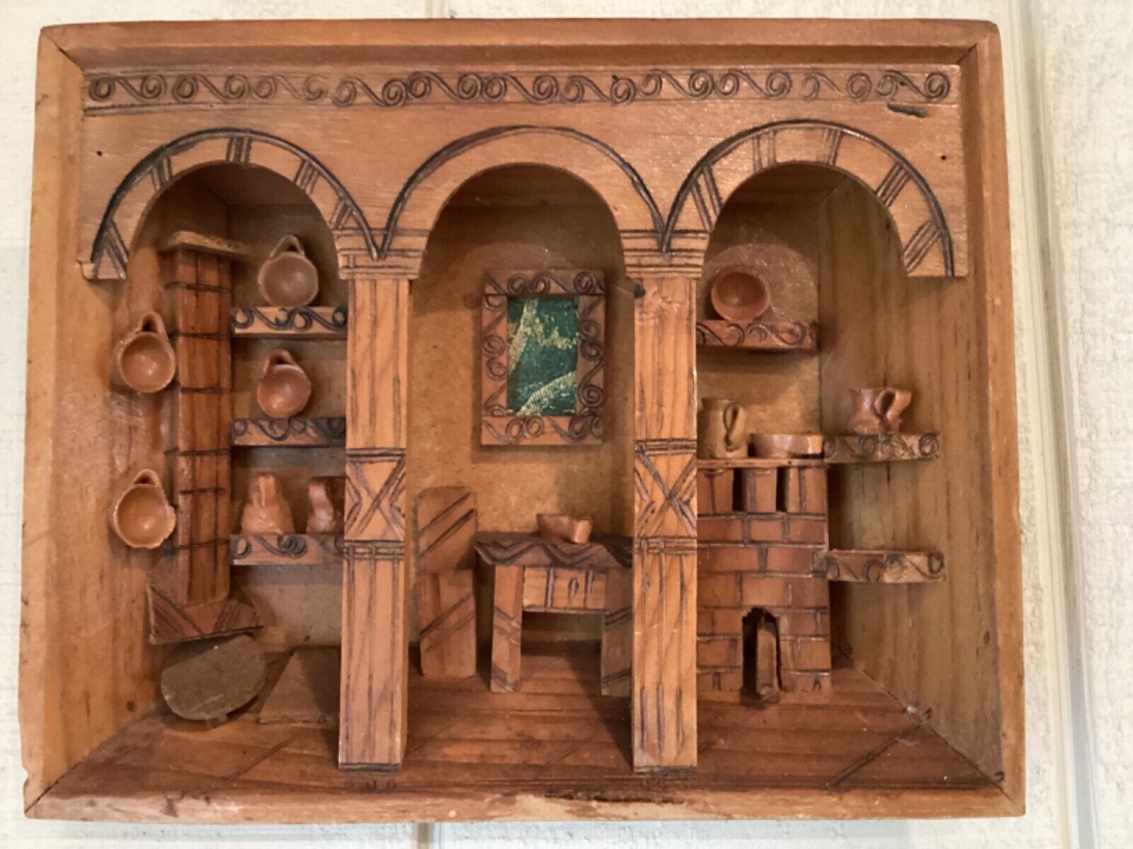 Vintage 3D KITCHEN DIORAMA Wooden Shadow Box Picture Folk Art Miniatures