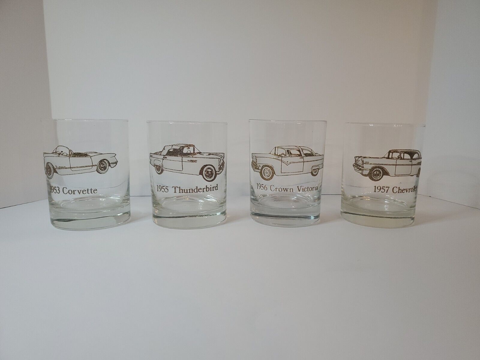 4 vintage 50\'s American classic cars Gold&Frosted low ball glasses Perfect MCM 