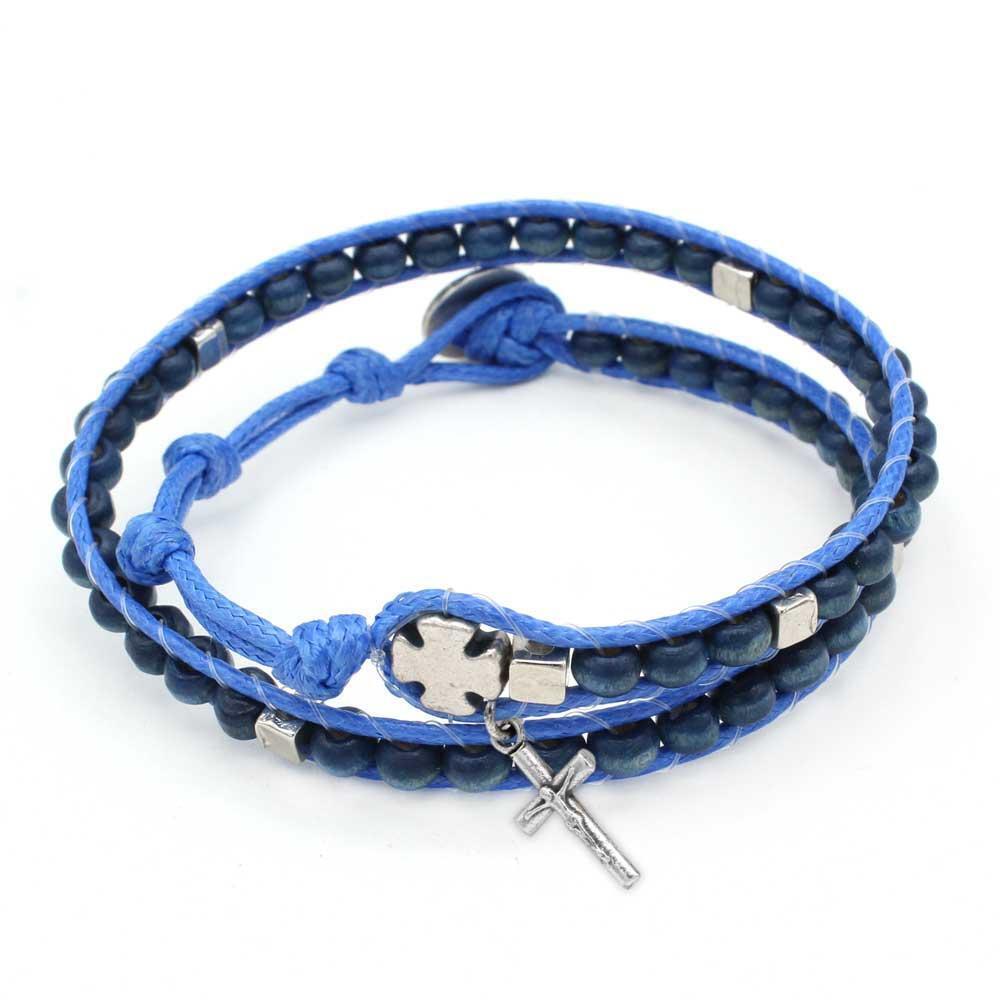 Ladder Design Blue Wooden Beads Wrap Around Rosary Bracelet