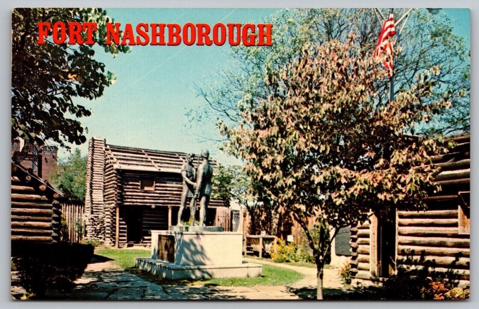 Fort Nashborough Nashville Tennessee Replica Statue Monument Log Cabins Postcard