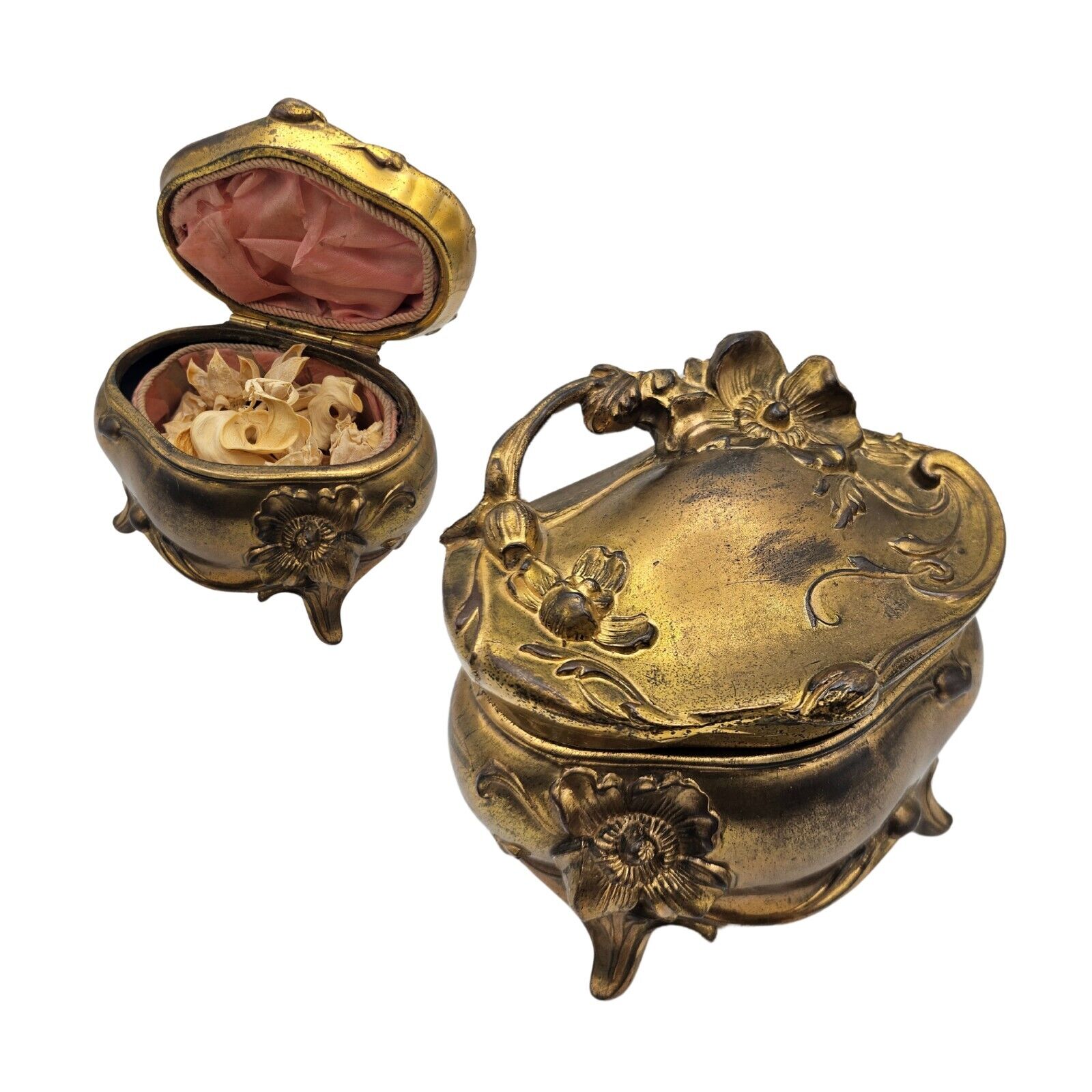 Antique Art Nouveau Gold Tone Gilt Jewelry Trinket Box