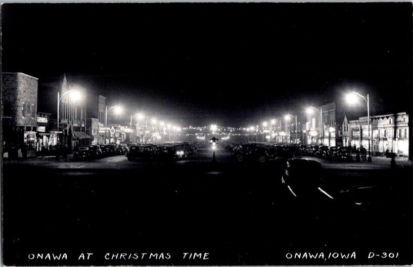 Vintage RPPC Postcard Onawa at Night During Christmas Season Onawa IA Iowa J-358